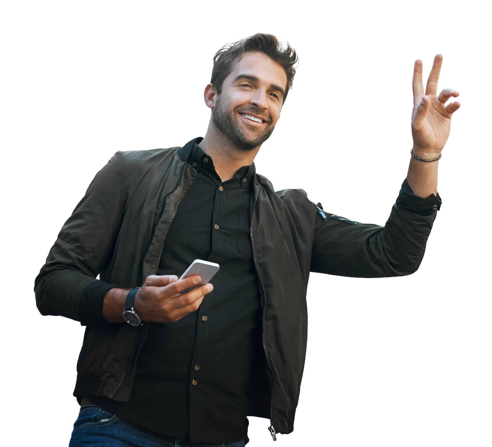 smiling man hails taxi with phone on city street 2026 01 09 11 10 16 utc